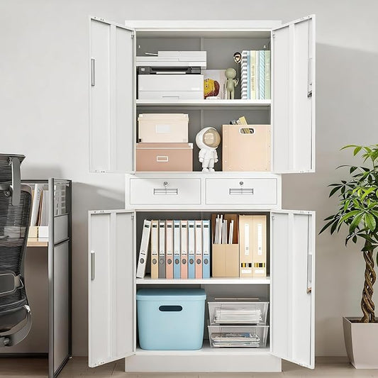 Wanfu Metal Storage Cabinet, Locking Storage Cabinet with Adjustable Shelves and 2 Drawers, 16" D x 32" W x 71" H Steel Cabinets for Office, Garage, Home, Classroom, Utility Room(White)