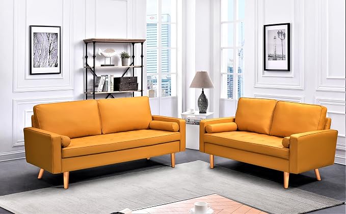 Container Furniture Faux Leather Sofa for the Modern Living Room with Removable Cushions and Solid Wood Legs, Luxury Style Button-Tufted Couch, 69.68" Wide, Apricot