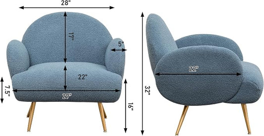 Blue Accent Sherpa Chair Comfy Modern Living Room Chair Teddy Fabric Mid Century Bedroom Chair with Golden Legs Arm Chair for Reading Bedroom Single