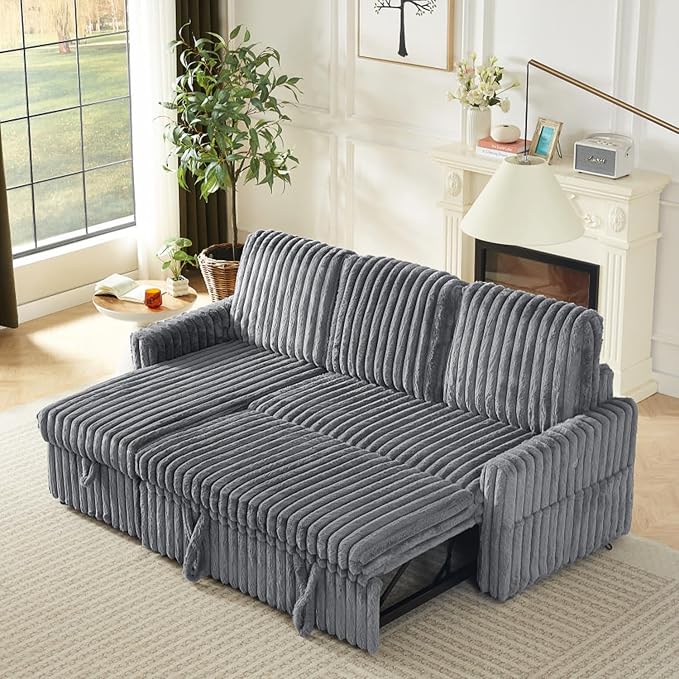 KCGKCG Sleeper Sofa Bed, 81” Pull Out Couch Bed with Reversible Storage Chaise, 3 in 1 L-Shaped Couch with Charging Station, Cup Holder, Side Pocket, Plush Corduroy Couches for Living Room(Light Grey)