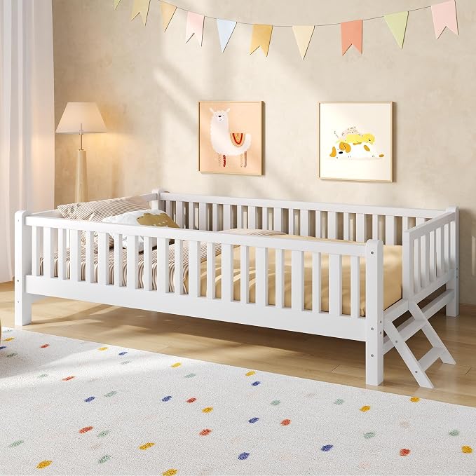 Merax Wood Twin Size Platform Bed with Guardrail, Kids Bed Frame with Stairs, White