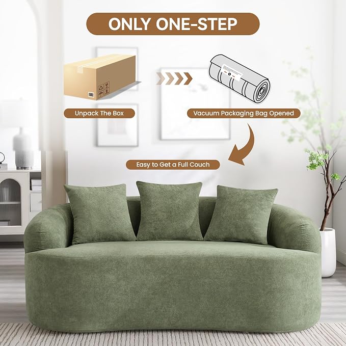 65" Boneless Loveseat Sofa Couch, Modern Comfy Curved Cloud Sofa, Chenille Deep Seat Love Seat Couches for Living Room, No Assembly, Green