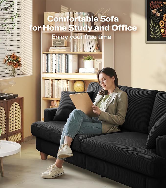 87in Corduroy Couch, Kidirect Sofa No Tool Assembly, Comfy Couches for Living Room 21in Deeper Seats, Corduroy Sofas for Living Room with 2 Pillows, Oversized Loveseat Sofa, Boho Love Seat Black Couch
