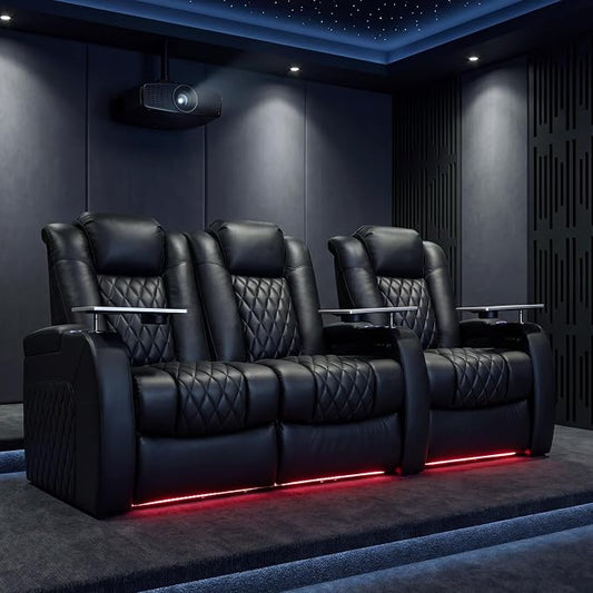 Weilianda Home Theater Seating Top Grain Leather Zero Gravity Recliner Chair Power Headrest Recline Movie Seat Gaming 7 Colors Mood Light Sofa with Tray Table USB Charge Row of 3 Loveseat Right Black