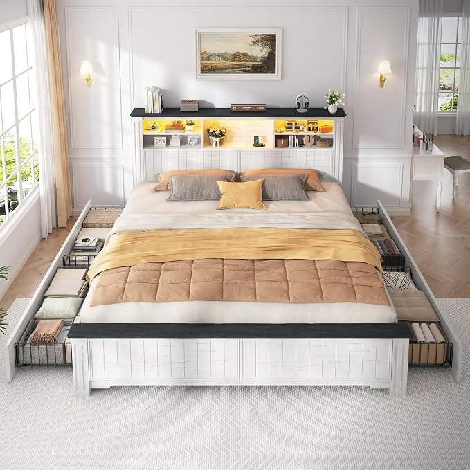 EnHomee King Bed Frame with Headboard and 4 Storage Drawers, LED Lights & Charging Ports,No Box Spring Needed for Big House,Noise-Free,Wooden, White