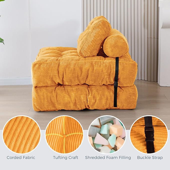 MAXYOYO Folding Sofa Bed, Convertible Chair with Pillow Foldable Couch with Back Support, Portable Fold Out Chair Bed Comfy Floor Sofa Lounge for Living Room Bedroom, Orange, Single