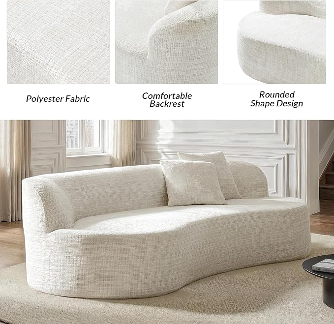 95" Modern Curved Compressed Sofa, All-Foam 3-Seater Cloud Couch with 2 Pillows, No Assembly Required Boneless Sofas for Living Room, Ivory