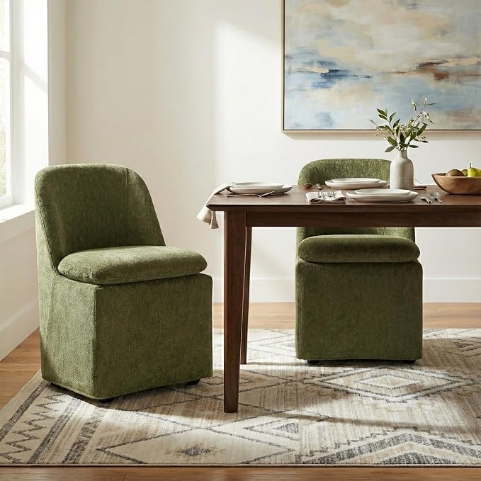 KISLOT Upholstered Dining Chairs with Casters, Washable Cover Modern Dining Room Chairs with Thick Cushion & Sturdy Metal Frame for Kitchen, Living Room, Dressing Room, Green Fabric, Set of 2