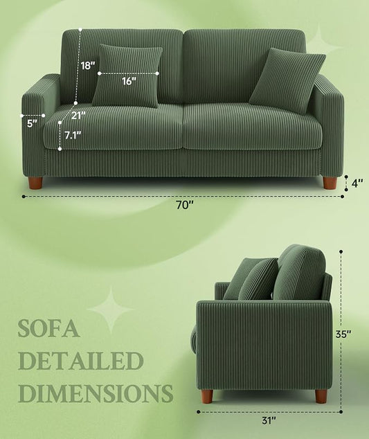 Welzona 70.2" Couches for Living Room, Comfy Green Couch 7.1" Extra Thick Cushion, Sofas for Living Room Tool-Free Setup, Loveseat Sofa 705lbs Support, Corduroy Couch for Bedroom, Apartment, Office