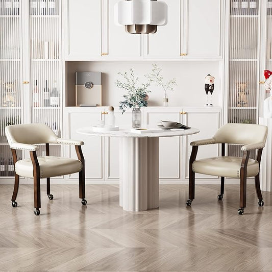 LEEMTORIG Set of 2 Dining Chairs with Casters and Arm, Large Rolling Dining Chairs with Wheel, Solid Wood Game Poker Table Chair, 26" D x 25.2" W x 31.5" H, Espresso Legs & Beige PU, XXY-1910-BG
