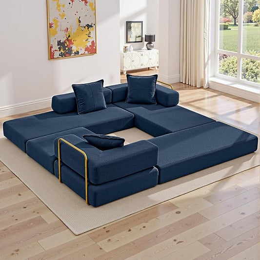 ivoros 108" Oversized Convertible Sleeper Sofa Bed, Corduroy L Shape Sectional Couch, Folding Sofa Bed with Fixed-Shape Frame, Modern Cloud Floor Mattress Couch, Modular Sofa for Living Room, Blue