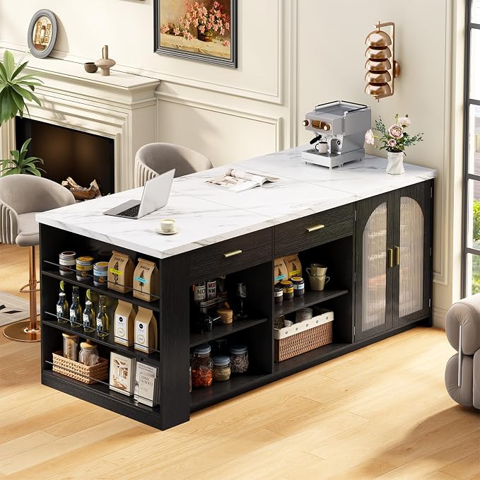 IBF 71" Large kitchen island with storage and seating, White Faux MarbleIsland Table with Drawers, Modern Stationary Island Cabinet & Fridge Space,Counter Height Island Bar for Dining Room, Black Base