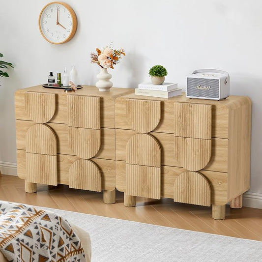Janmer Home 3 Drawer Dressers for Bedroom, 31.5" Wide Large Mid Century Modern Fluted Nightstand 2 Sets, Wood Dresser & Chest of Drawers with Curved Profile for Living Room, Entryway, Hallway Natural