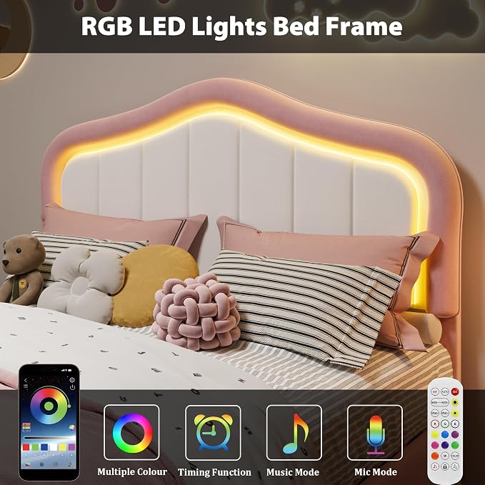 Full Upholstered Bed Frame With Storage Drawer and Smart Led Headboard, Princess Full Size Platform Bed Frames for Kids/Girls, Wooden Slats Support, No Box Spring Needed, Easy Assembly, Pink