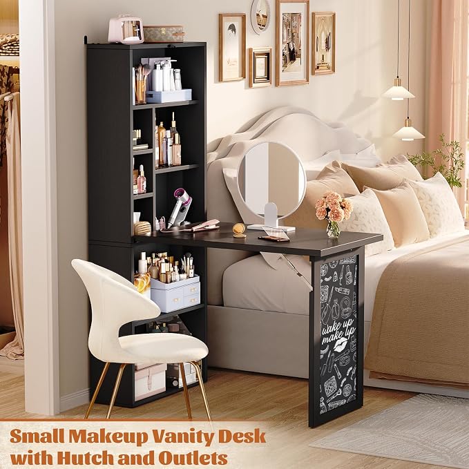 Armocity Small Folding Desk with Outlets, Convertible Writing Desk for Small Spaces/Home Office/Craft Room, Multi-Function Desk Workstation with Blackboard, Fold-Out Cabinet Table, Black