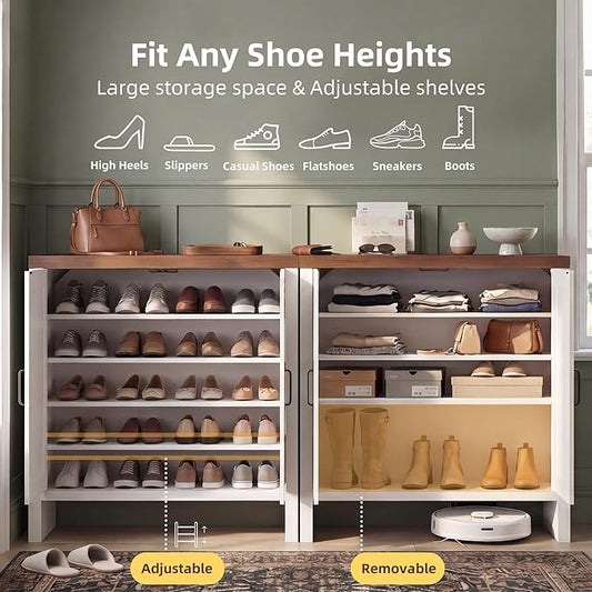 Shoe Cabinet, 5-Tier Shoe Storage Cabinets with Doors and Adjustable Shelves, Thickened Wood Freestanding for Entryway, Hallway, Closet, Organizer Rack, Walnut and White JSC005WWB
