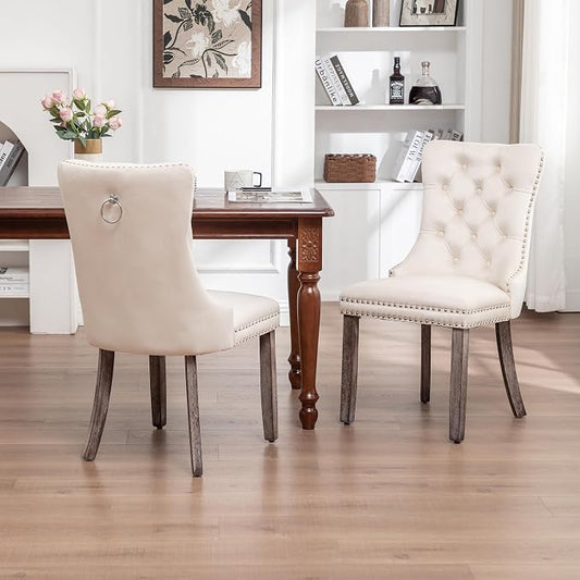 Mid Century Modern Dining Chair Set of 2 Velvet Upholstered Dining Accent Chair Farmhouse Dining Chairs with High Back and Nailhead Trim for Kitchen, Living Room, Bedroom (Beige)
