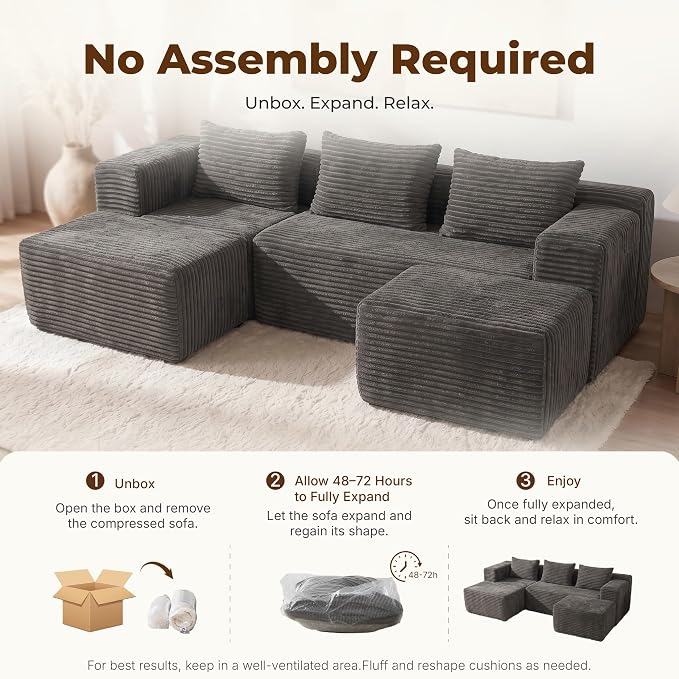 Modular Sectional U-Shaped Sofa with Deep Seat, Modern Boneless Comfy Corduroy Fluffy Couch with Side Pockets and Anti-Slip & Floor-Friendly Bottom for Living Room, No Assembly, Dark Grey