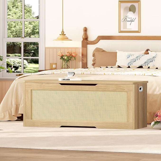 usikey 47.2" Large Storage Chest with Fabric Drawer, Toy Box with Safety Hinges, Extra Wide Storage Bench for Bedroom, Living Room, Entryway, Supports 300 lb