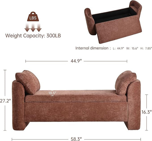 Usaint 58.3" Storage Ottoman Bench with Pillows, Upholstered End of Bed Bench with Arms, Footrest Stool Bench for Bedroom, Living, Window, Entryway and Hallway, Green, Rusty Red