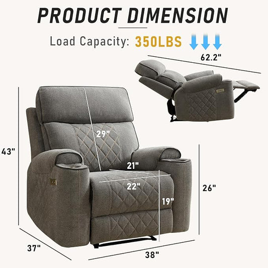 HAOMARKETS Electric Recliner Chair, Soft Fabric Power Recliners with Metal Cup Holders, Single Overstuffed Heavy Duty Reclining Sofa Chairs for Living Room Bedroom, Light Grey