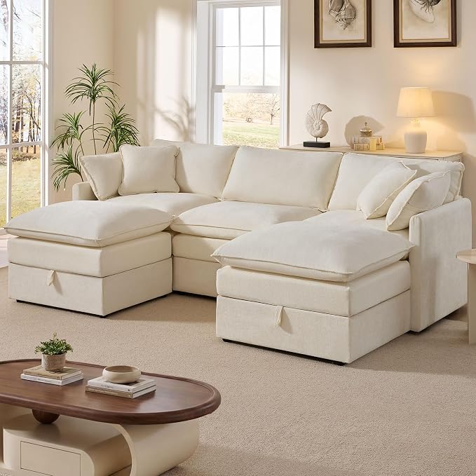 Ihanherry 103” Modular Sectional Sofa with Storage, U Shaped Cloud Couch with Movable Ottomans & 4 Pillows, Chenille Deep Seat Sectional Couches for Living Room, Apartment (Beige)
