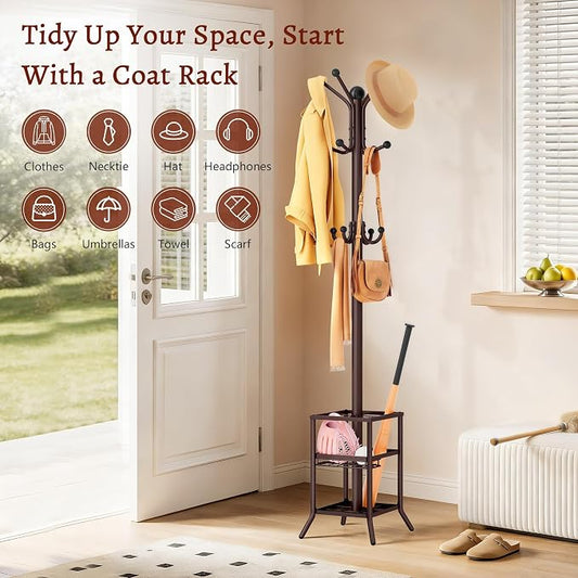 FAVOOSTY Coat Rack Freestanding,Coat Rack Stand with Umbrella Holder,Metal Coat Tree with 12 Hooks,Tree Clothes Hat for Entryway, Hallway, Bedroom, Living Room & Office -Brown