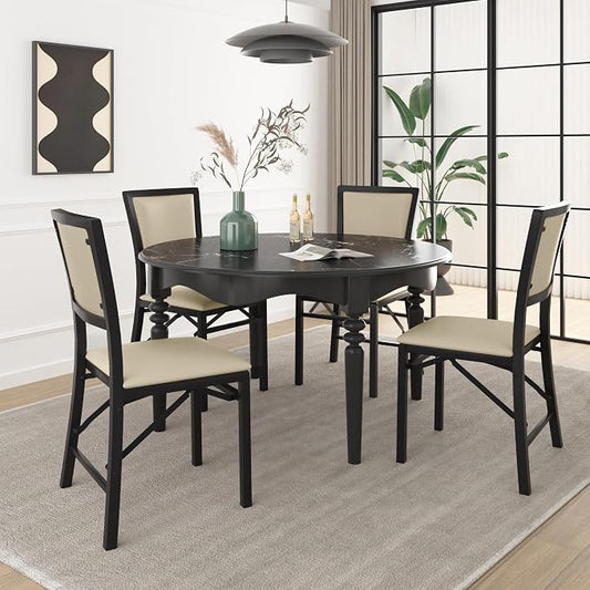 VECELO Folding Dining Chairs Set of 4, Metal Padded Foldable Seating with Comfortable Faux Leather, Space-Saving Portable Guest Seats for Kitchen & Office, No Assembly, Creamy Beige