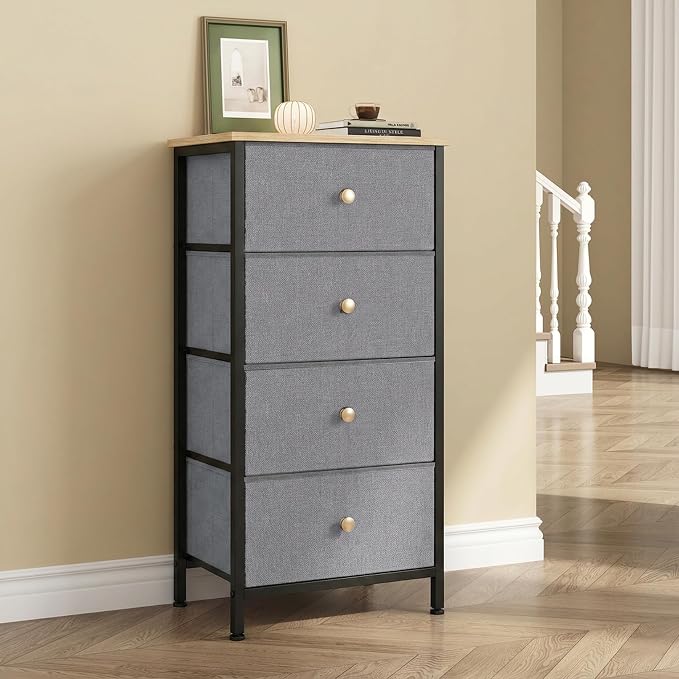 DUMOS Nightstand with 4 Drawers Bedside Table with Removable Fabric Bins Sturdy Steel Frame Wood Top Organizer Furniture for Bedroom Closet Living Room, Dusty Blue