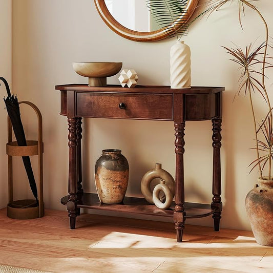 Giantex 2-Tier Console Table, 36" Retro Entryway Table with Storage Drawer & Elegant Legs, Narrow Wooden Sofa Table with Open Shelf for Living Room, Foyer, Hallway, Bedroom, Entrance (Brown)