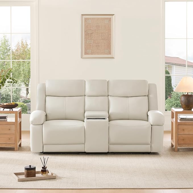 Watson & Whitely Genuine Leather Power Loveseat Recliner Sofa, Wall Hugger Loveseat Reclining Sofa with Storage Console, Power Headrest, Cup Holders, Dual Recliners for Living Room, RV, Cream
