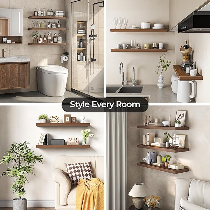 Fun Memories Floating Shelves for Wall 40 Inch Set of 3, Farmhouse Floating Shelves with Invisible Heavy Duty Bracket, 10 Inch Deep Bathroom Shelves for Storage, Living Room, Kitchen, Decor, Walnut