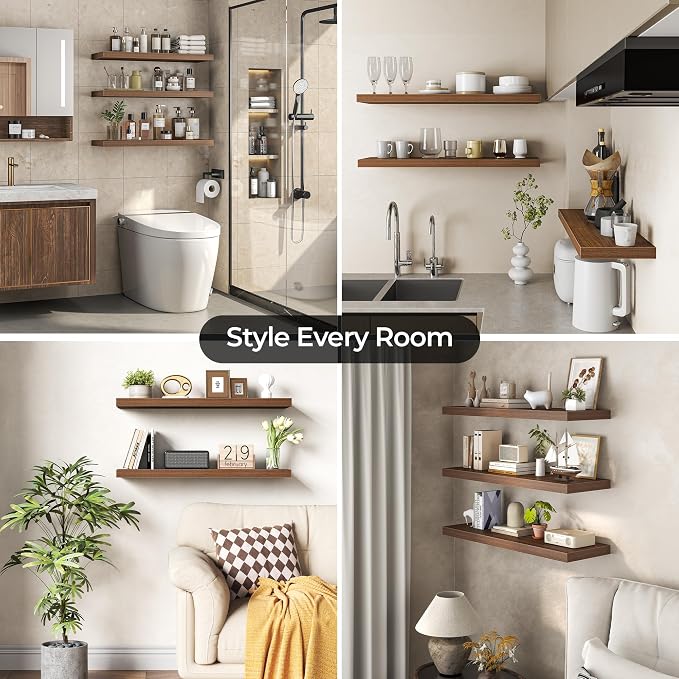 Fun Memories Floating Shelves for Wall 16 Inch Set of 3, Farmhouse Floating Shelves with Invisible Heavy Duty Bracket, 10 Inch Deep Bathroom Shelves for Storage, Living Room, Kitchen, Decor, Walnut