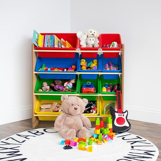 Humble Crew Kids' Toy Storage Organizer with 12 Plastic Bins, Natural/Primary, Model Number: WO560