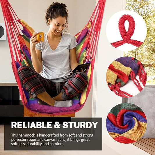 KPX Ourdoor Hanging Hammock Chair – Comfortable Tree Swing Chair Large Size 110X130cm(Without Pillows) - 330 Lbs Weight Capacity (Rainbow)