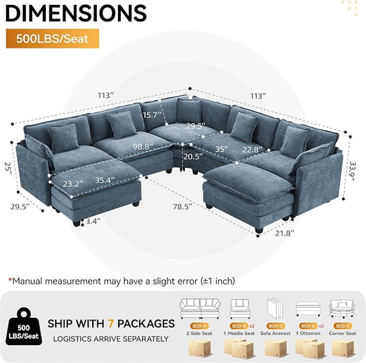 113'' V Shaped Cloud Sectional Sofa, Oversized Deep Seat Couches for Living Room, Chenille Comfy Upholstered Modular Sectional Sofa Couch with 2 Movable Ottoman, Blue