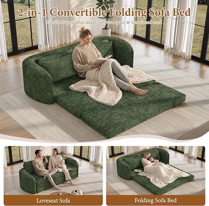 Vesgantti 86.6" Futon Convertible Couch Bed, 3 in 1 Folding Sleeper Sofa Bed with Curved Armrest, Modern Chenille Modular Boneless Sectional Couch for Living Room, No Assembly Required, Green
