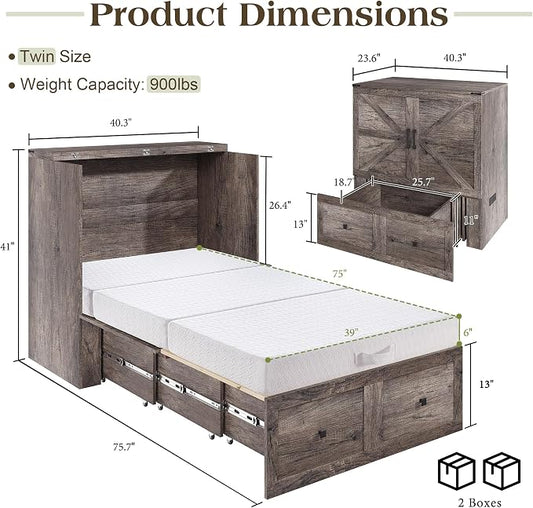 LUXOAK Twin Murphy Bed with 6" Tri-Fold Memory Foam Mattress, Storage Drawer & Charging Station, Space-Saving Design for Home Office or Guest Room, Rustic Grey
