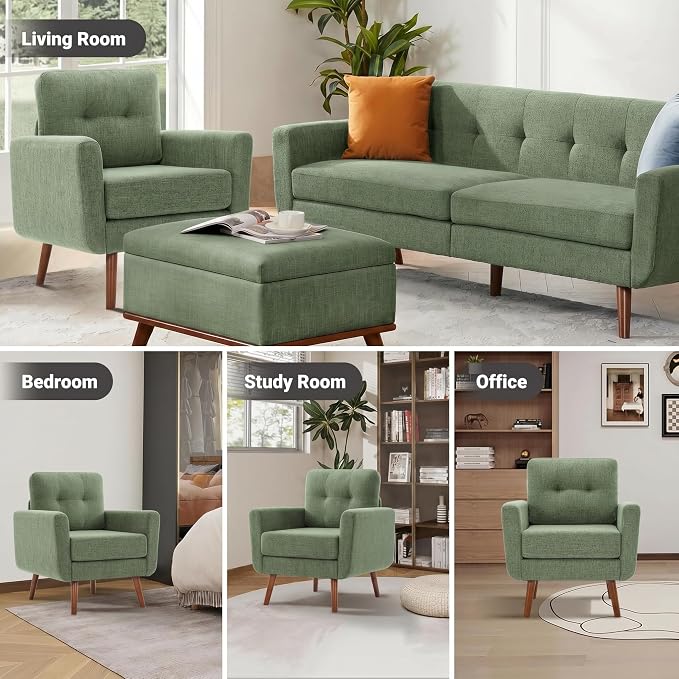 Tbfit Linen Fabric Single Sofa, Accent Chair, Mid Century Modern Armchair for Living Room, Bedroom Button Tufted Upholstered Comfy Reading Sofas, Green
