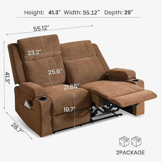55" RV Loveseat Recliner – Space-Saving Double Reclining RV Sofa, Compact Theater Seating with Cup Holders & Storage Pocket, Brown Chenille Couch for Camper, Motorhome & Home Theater