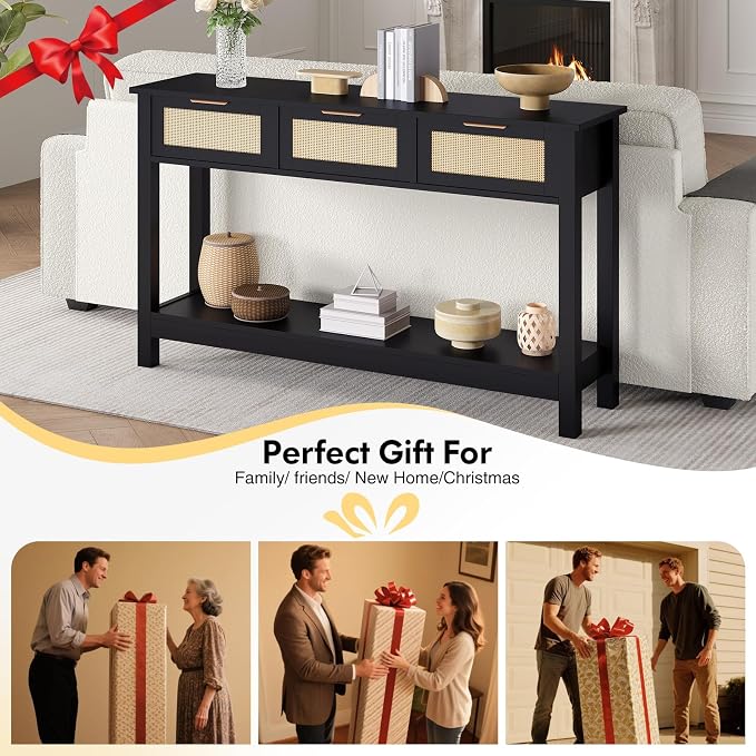 Entryway Table with 3 Drawers, Boho Rattan Console Table with Storage Shelf | Narrow Sofa Table Behind Couch for Hallway, Foyer & Living Room, 47" Wood Accent Table, Easy Assembly, Anti-Tip, Modern Black