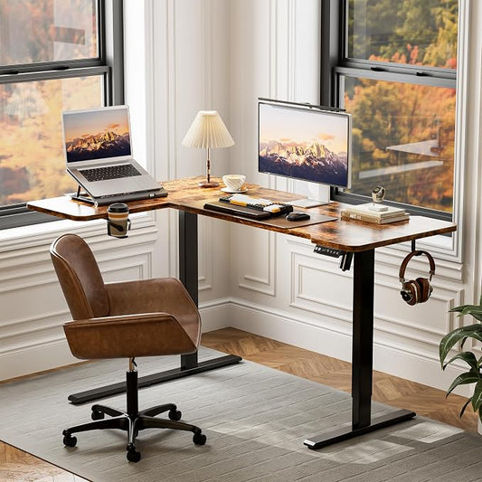Acrolix L Shaped Electric Standing Desk - 51x31.5 Inch Reversible Corner Sit Stand Desk with Hook&Cup Holder,Electric Height Adjustable Table,for Small Home Office&Bedroom Computer Desk, Rustic Brown