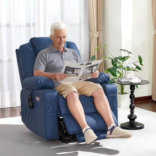 MCombo Electric Power Lift Recliner Chair Sofa with Massage and Heat for Elderly, 3 Positions, 2 Side Pockets, and Cup Holders, USB Ports, Faux Leather 7040 (Blue, Medium)