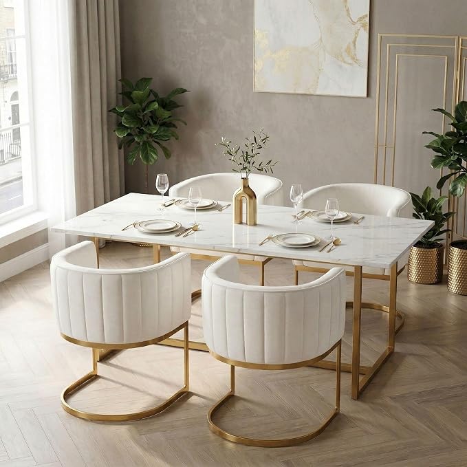 Hyfirm Beige and Gold Barrel Dining Chairs Set of 6, Modern Velvet Upholstered Accent Chairs with Curved Back for Kitchen Island, Luxury Comfort Seating Cantilever Metal Frame