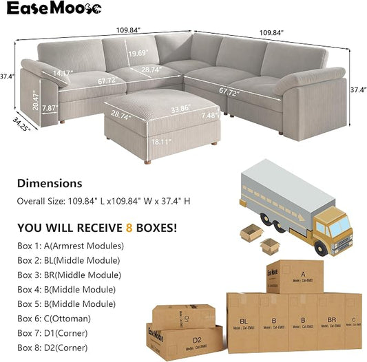 EASE MOOSE Oversized Sectional Modular Sofa,v Shape Sectional Couch with Ottoman,Deep Seat Cloud Couch for Living Room,Removable Cover