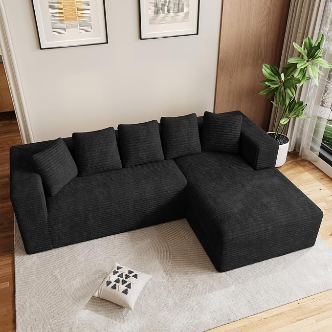 Oversized L Shaped Boneless Sectional Couches for Living Room, 107" Comfy Fluffy Cloud Modular Sectional Sofa, Plush Corduroy Memory Foam Floor Sofa with Right Facing Chaise Couch