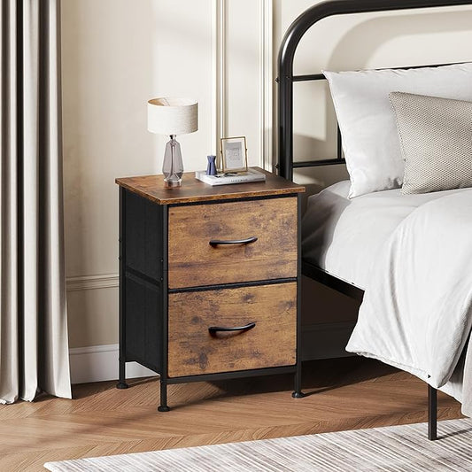 WLIVE Night Stand Set of 2, Small Dresser with 2 Drawers & Wooden Top, Nightstand with Fabric Bins, Bedside Table End Table for Bedroom, Closet, Entryway, College Dorm, Rustic Brown