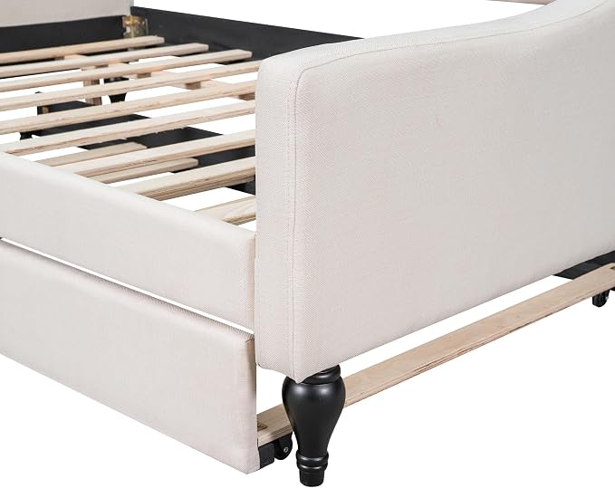 Merax Daybed with Trundle, Full Size Solid Wood Sofa Bed Frame, Upholstered Tufted Daybed for Living Room, Bedroom and Guest Room, Beige