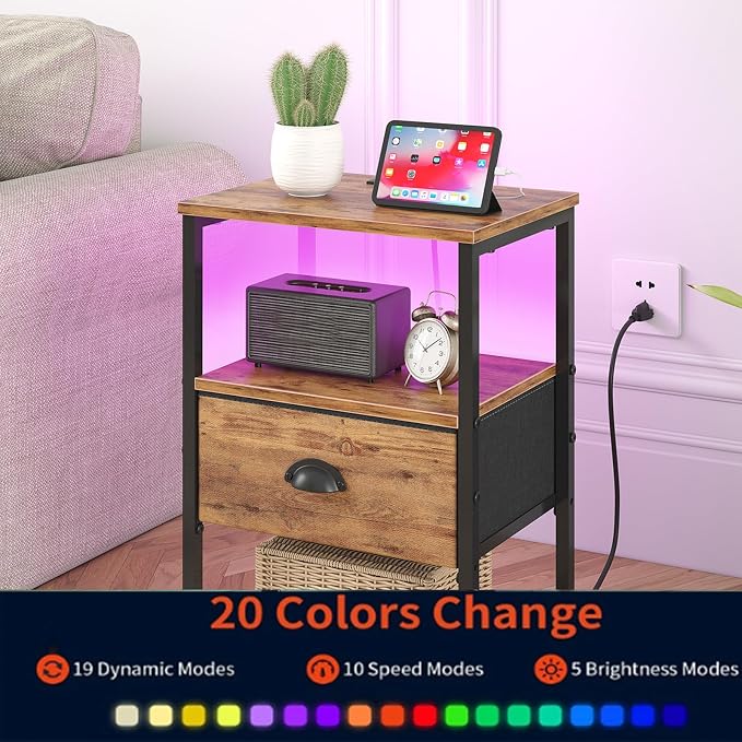 sthmec Nightstands Set of 2, LED Night Stands with Charging Station and Fabric Drawer, Bedside Tables with Drawers, 2- Tier LED Side Table End Table Charging Station Bedroom,Rustic Brown