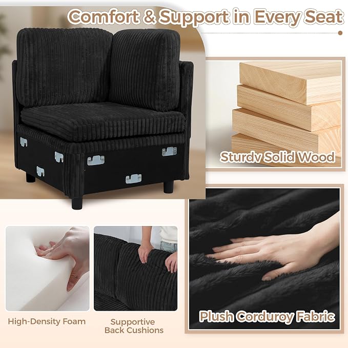 Sectional Sleeper Sofa with Pull Out Bed, 8 Seats U Shaped Modular Sectional Sofa with Storage, USB Ports, Cup Holders, Plush Corduroy Cloud Sectional Couches for Living Room, Black